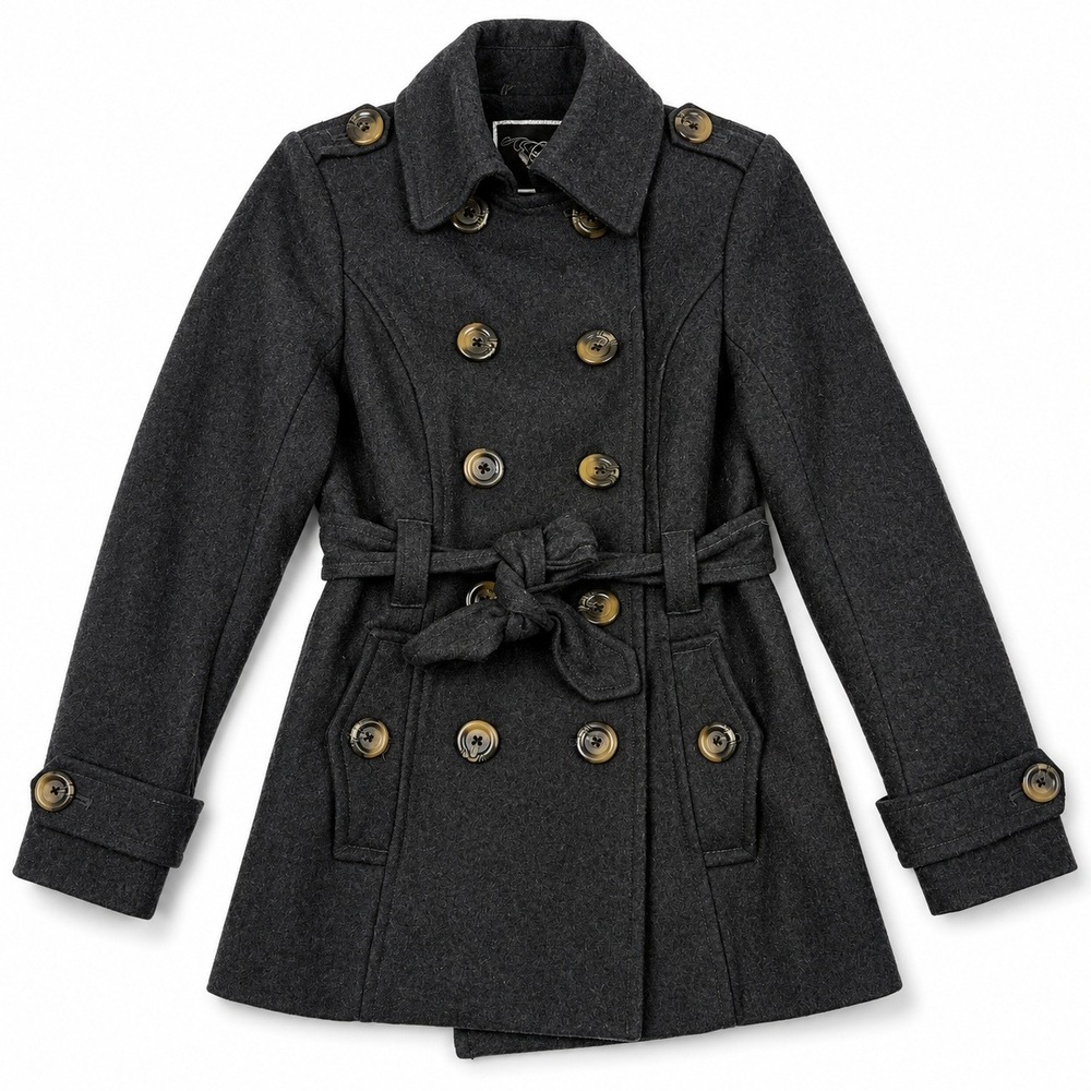 RW&CO Wool Blend Pea Coat Women XS Gray Belted Double Breasted Trench Jacket